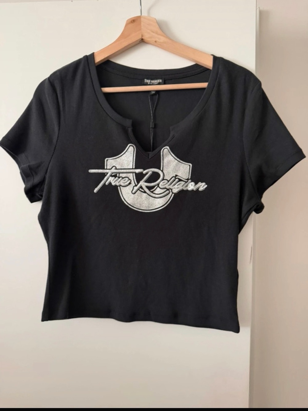 True Religion Black Crop Top with Silver Logo